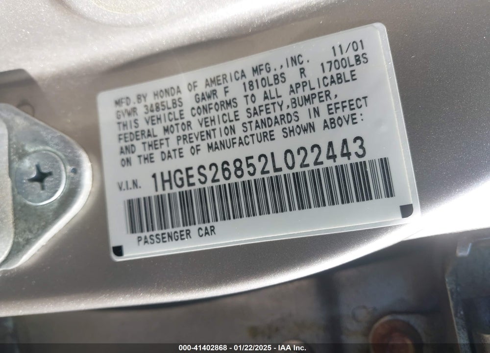 2002 HONDA CIVIC EX VIN: 1HGES26852L022443