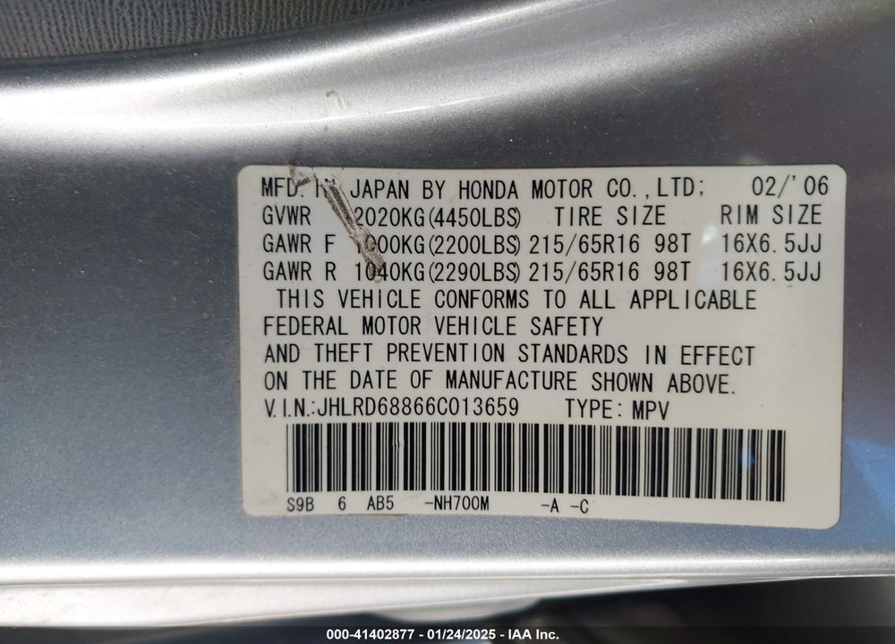 2006 HONDA CR-V EX VIN: JHLRD68866C013659