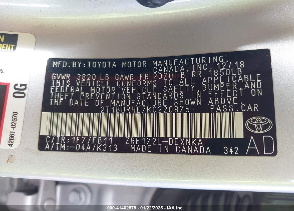 2019 TOYOTA COROLLA VIN: 2T1BURHE7KC220875