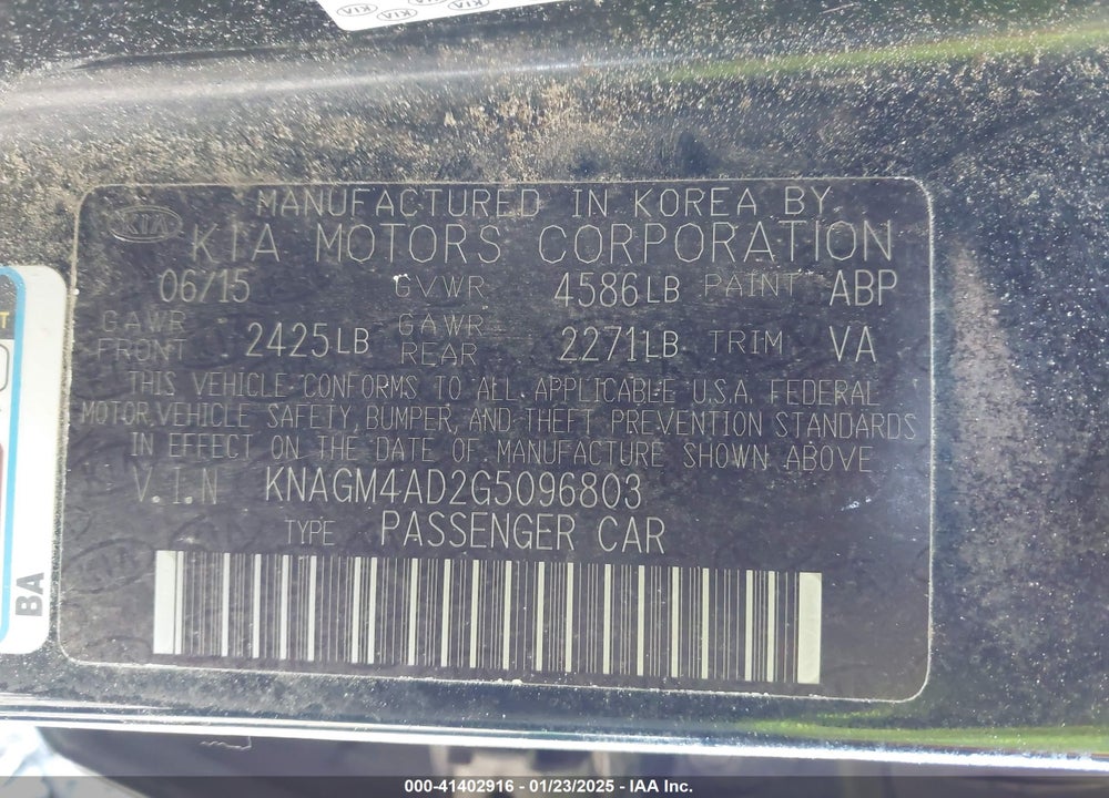 2016 KIA OPTIMA VIN: KNAGM4AD2G5096803