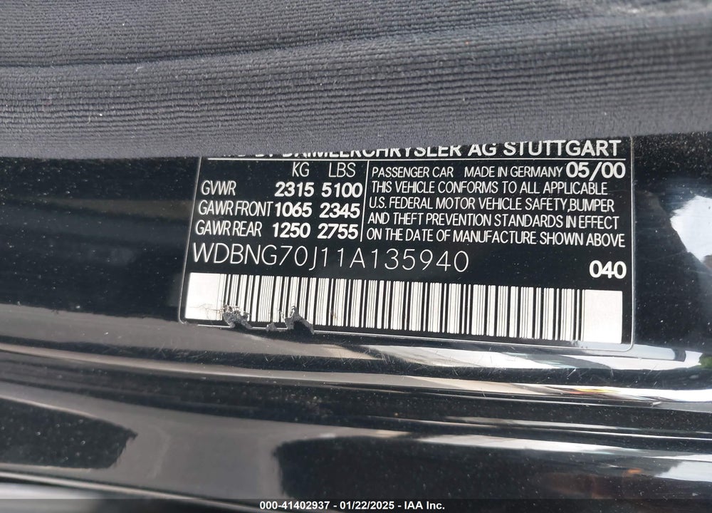 2001 MERCEDES-BENZ S 430 VIN: WDBNG70J11A135940