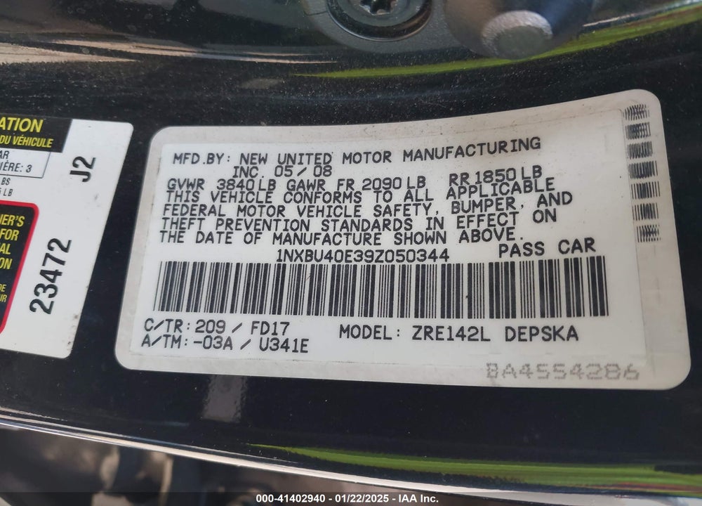 2009 TOYOTA COROLLA VIN: 1NXBU40E39Z050344