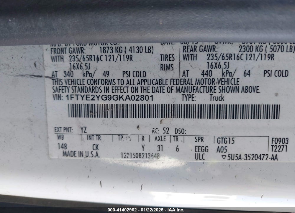 2016 FORD TRANSIT-150 VIN: 1FTYE2YG9GKA02801