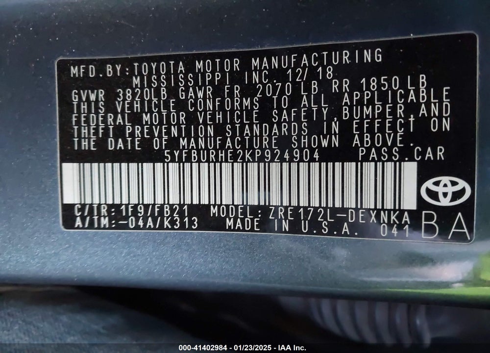 2019 TOYOTA COROLLA VIN: 5YFBURHE2KP924904