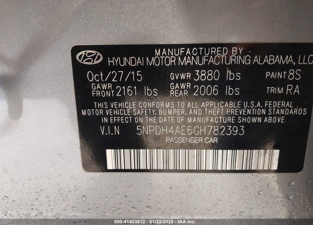 2016 HYUNDAI ELANTRA VIN: 5NPDH4AE6GH782393
