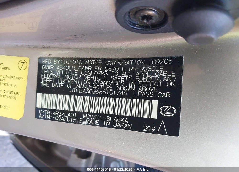 2006 LEXUS ES 330 VIN: JTHBA30G665151746