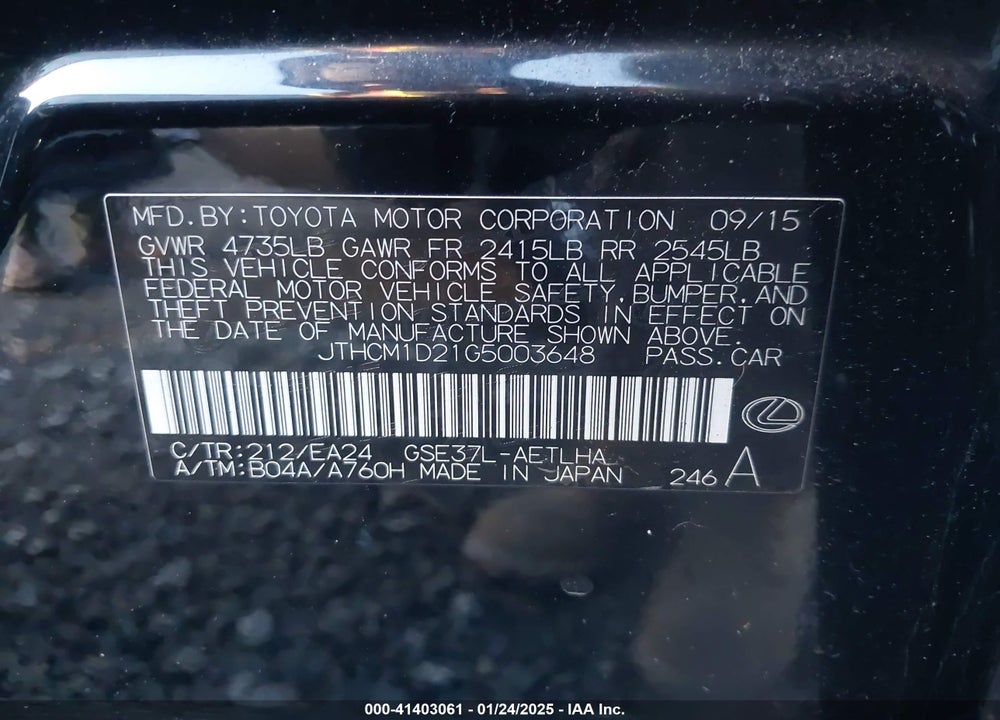 2016 LEXUS IS 300 VIN: JTHCM1D21G5003648