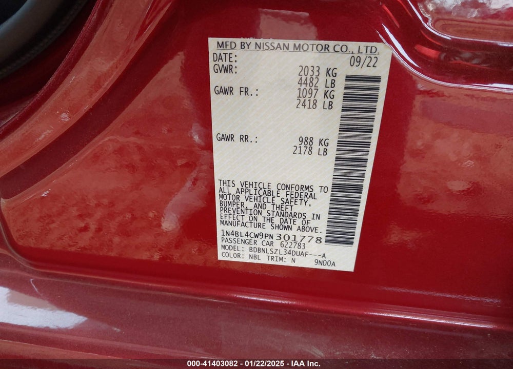 2023 NISSAN ALTIMA VIN: 1N4BL4CW9PN301778