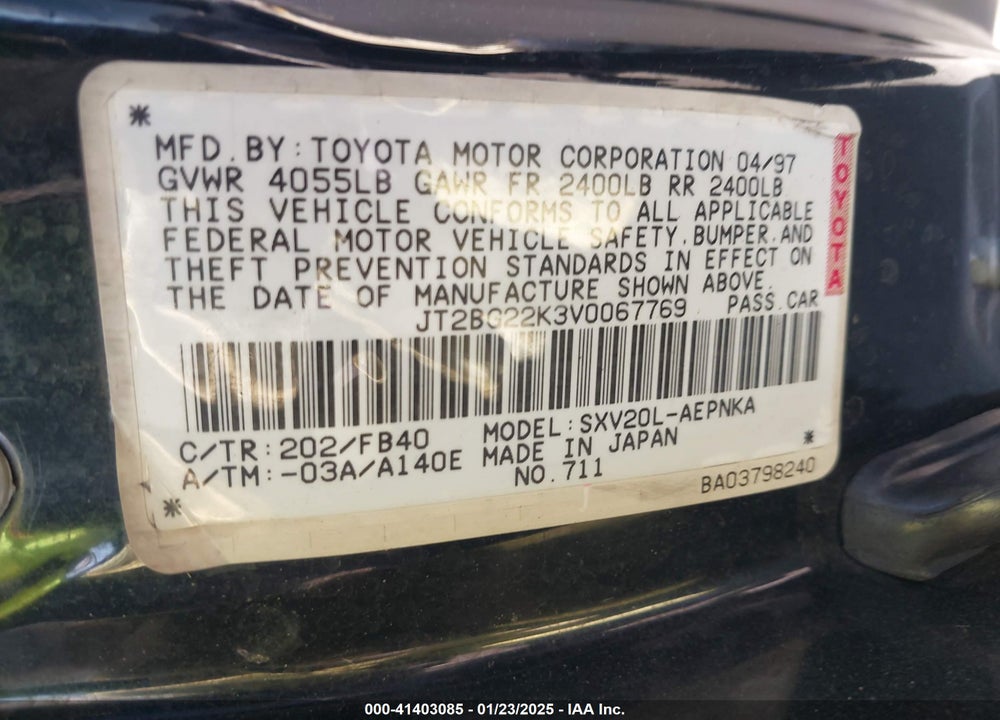 1997 TOYOTA CAMRY LE VIN: JT2BG22K3V0067769