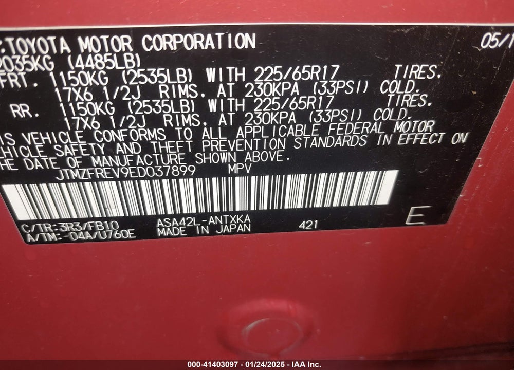 2014 TOYOTA RAV4 LE VIN: JTMZFREV9ED037899