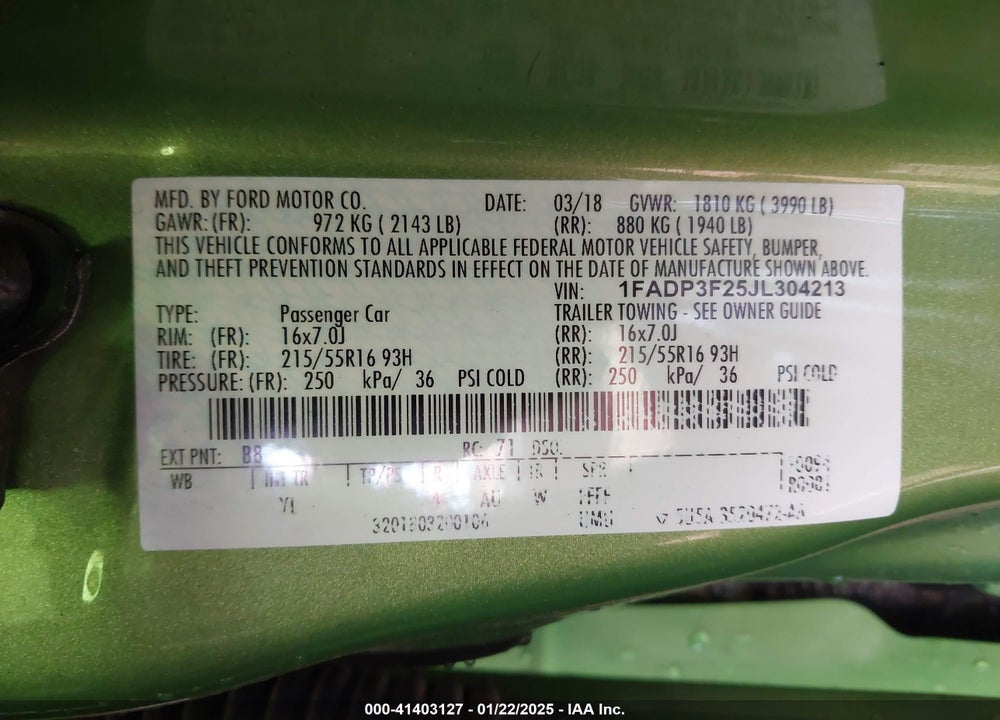 2018 FORD FOCUS VIN: 1FADP3F25JL304213