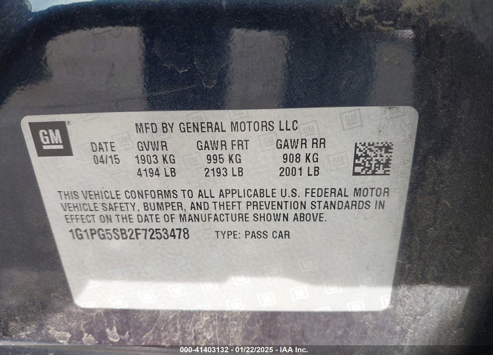 2015 CHEVROLET CRUZE VIN: 1G1PG5SB2F7253478