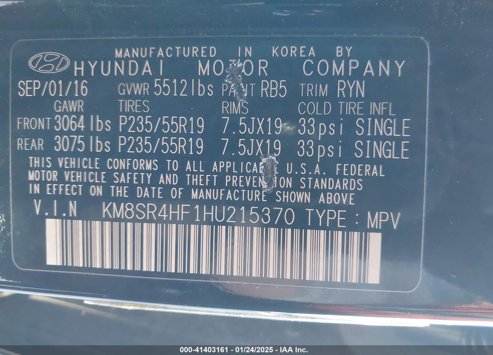 2017 HYUNDAI SANTA FE LIMITED ULTIMATE VIN: KM8SR4HF1HU215370