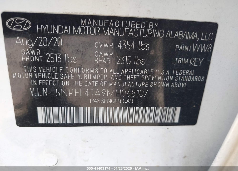 2021 HYUNDAI SONATA VIN: 5NPEL4JA9MH068107