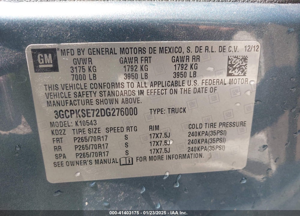 2013 CHEVROLET SILVERADO 1500 VIN: 3GCPKSE72DG276000