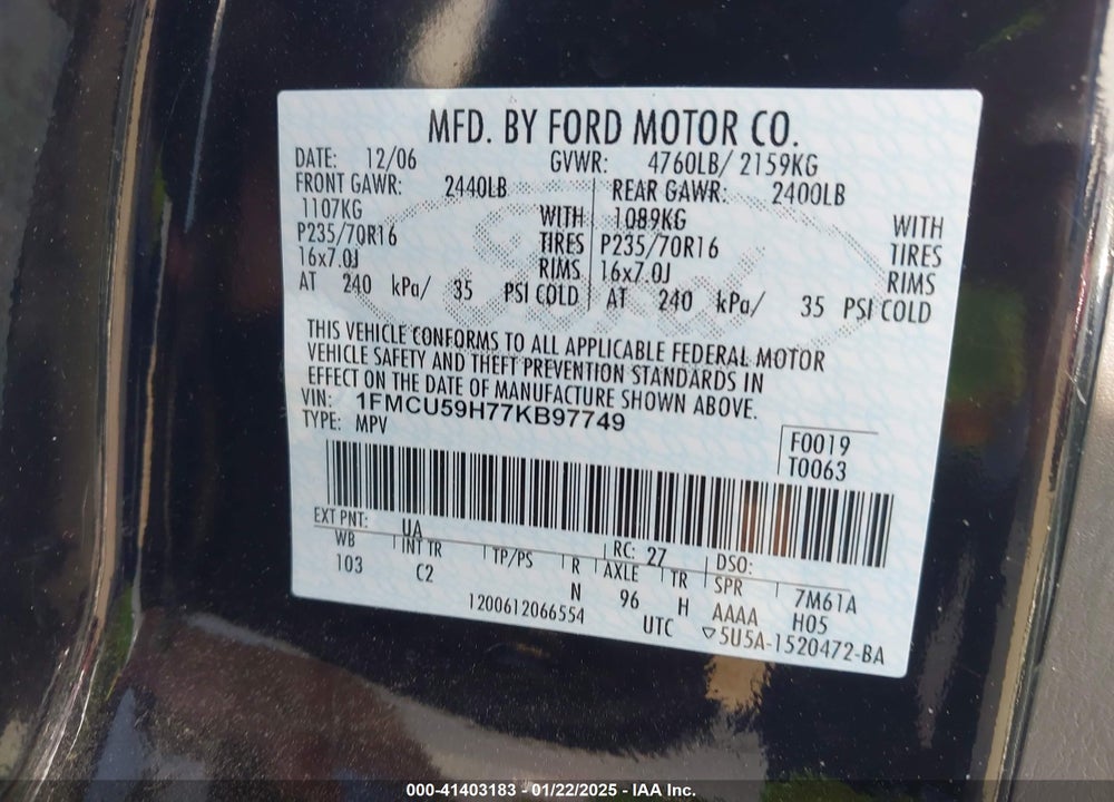 2007 FORD ESCAPE HYBRID VIN: 1FMCU59H77KB97749
