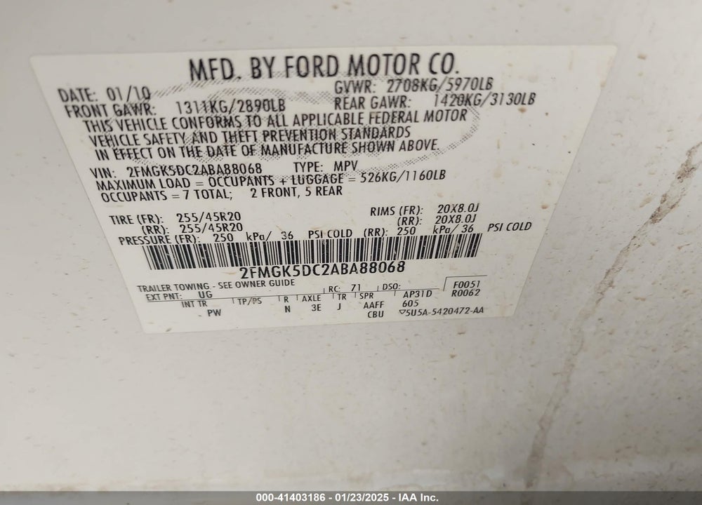 2010 FORD FLEX LIMITED VIN: 2FMGK5DC2ABA88068