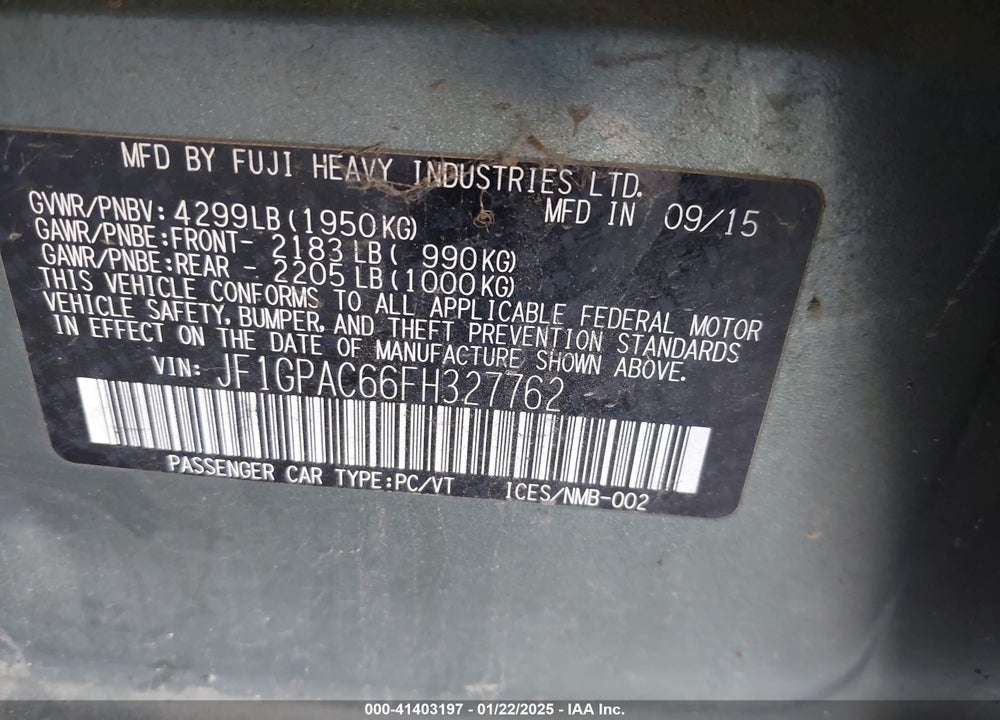2015 SUBARU IMPREZA 2.0I PREMIUM VIN: JF1GPAC66FH327762
