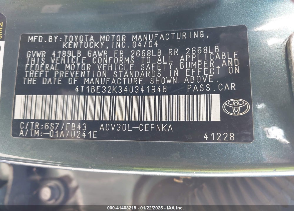 2004 TOYOTA CAMRY LE VIN: 4T1BE32K34U341946