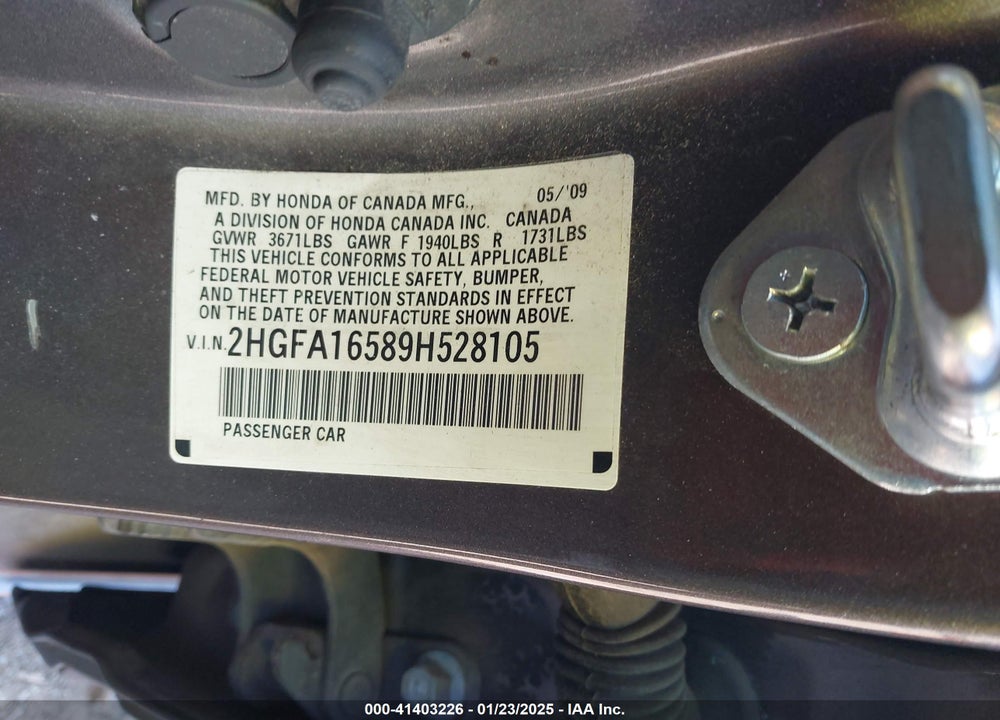 2009 HONDA CIVIC VIN: 2HGFA16589H528105