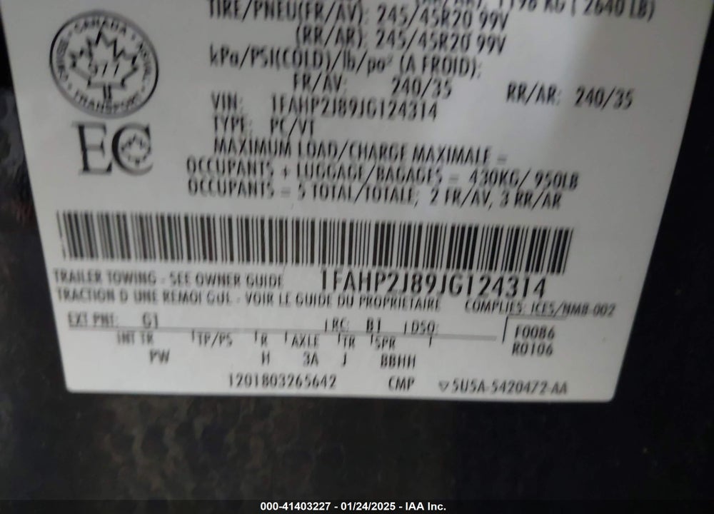 2018 FORD TAURUS VIN: 1FAHP2J89JG124314