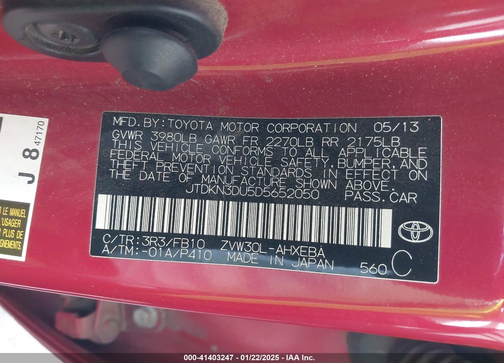 2013 TOYOTA PRIUS TWO VIN: JTDKN3DU5D5652050