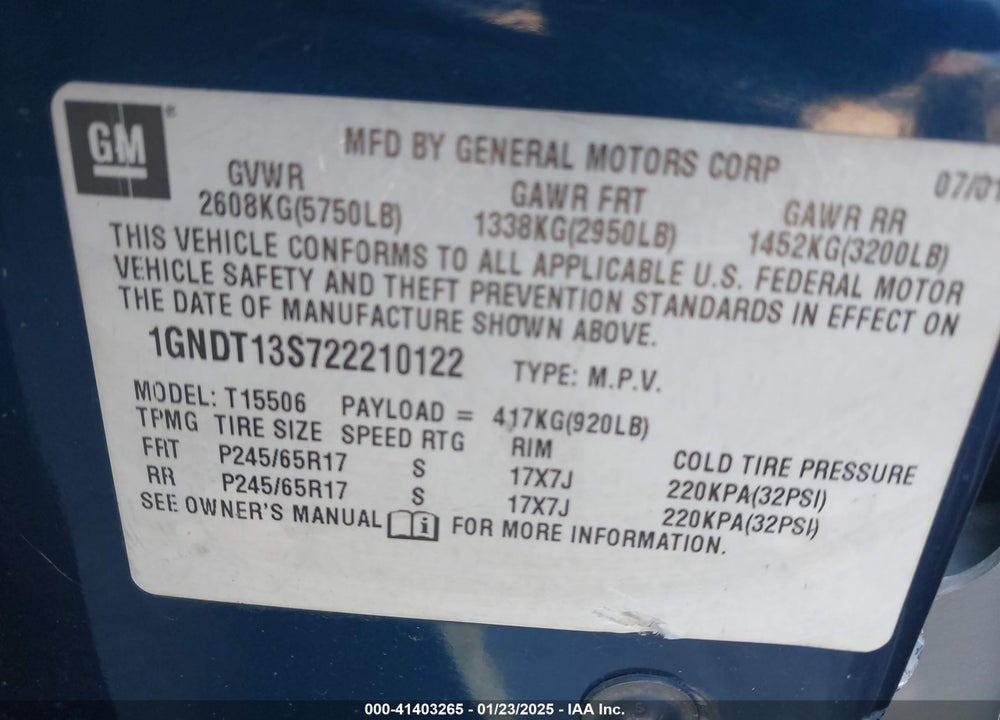 2002 CHEVROLET TRAILBLAZER LTZ VIN: 1GNDT13S722210122