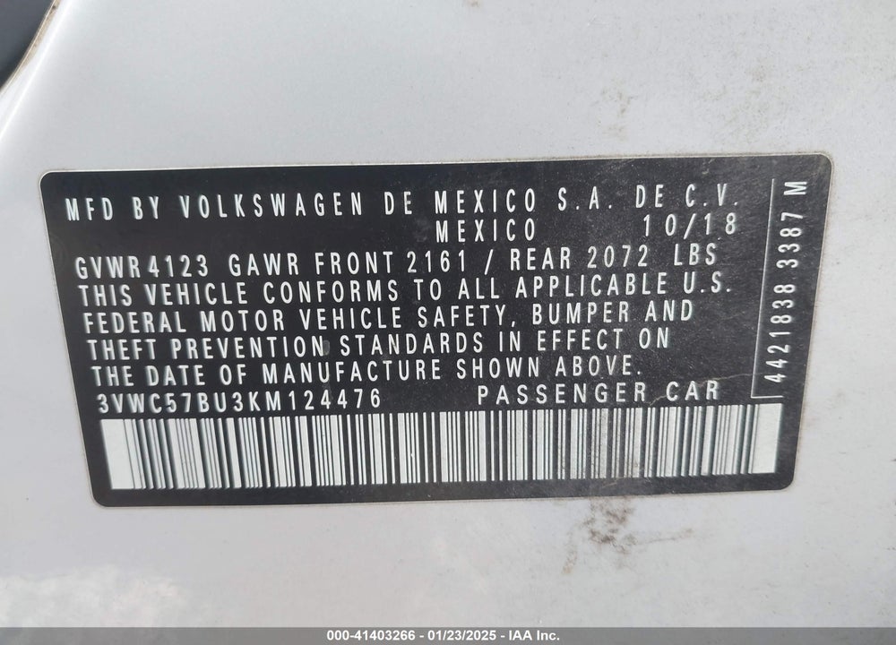 2019 VOLKSWAGEN JETTA VIN: 3VWC57BU3KM124476