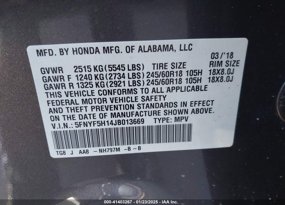 2018 HONDA PILOT LX VIN: 5FNYF5H14JB013669