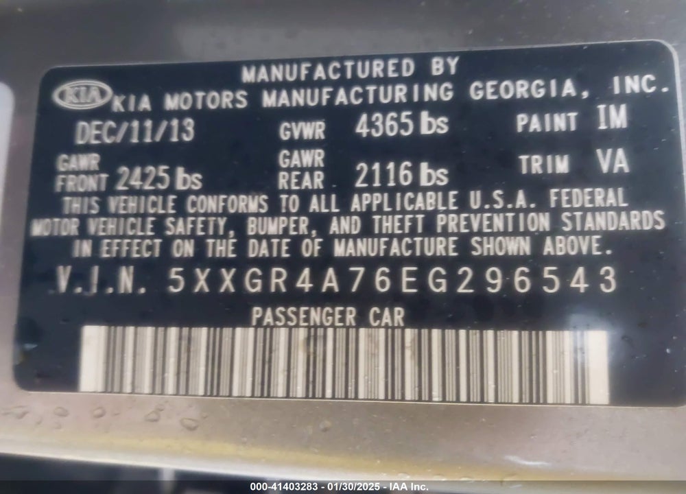 2014 KIA OPTIMA VIN: 5XXGR4A76EG296543