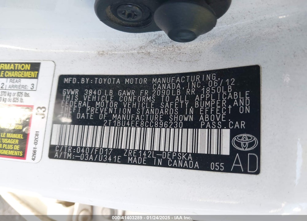 2012 TOYOTA COROLLA S VIN: 2T1BU4EE8CC896230