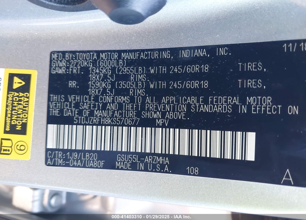 2019 TOYOTA HIGHLANDER VIN: 5TDJZRFH8KS570677