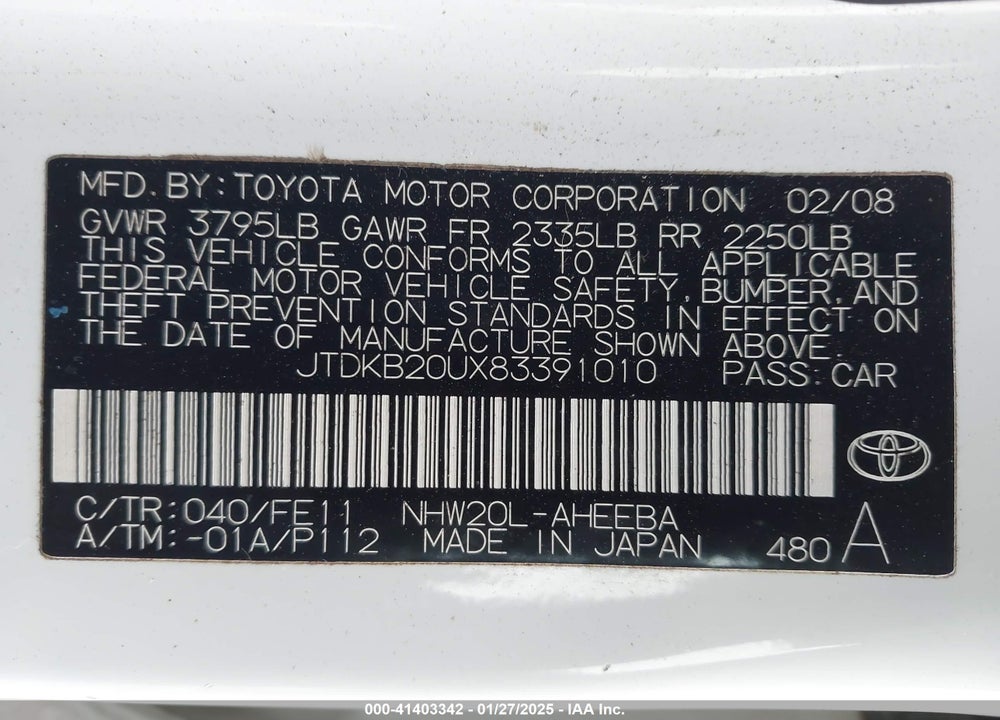 2008 TOYOTA PRIUS VIN: JTDKB20UX83391010