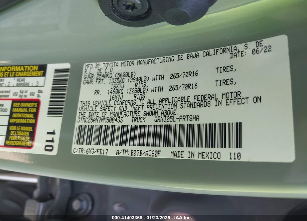 2022 TOYOTA TACOMA TRD OFF ROAD VIN: 3TMCZ5AN7NM508433