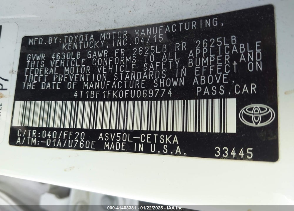 2015 TOYOTA CAMRY VIN: 4T1BF1FK0FU069774