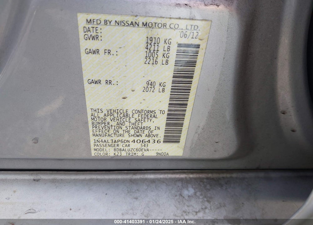 2013 NISSAN ALTIMA VIN: 1N4AL3AP6DN406436