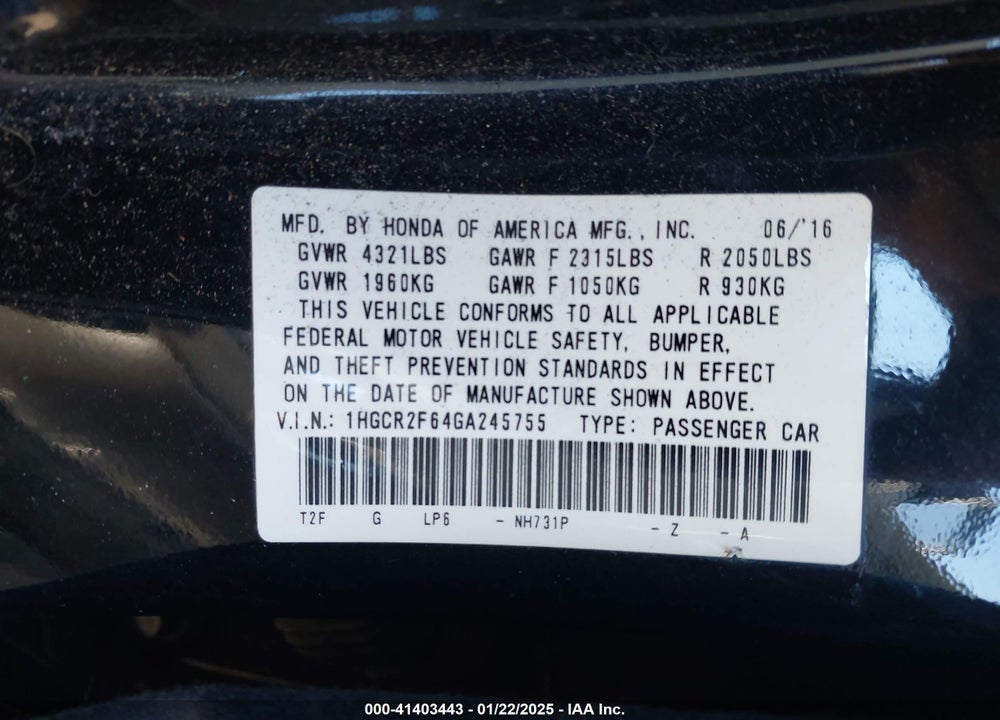 2016 HONDA ACCORD VIN: 1HGCR2F64GA245755