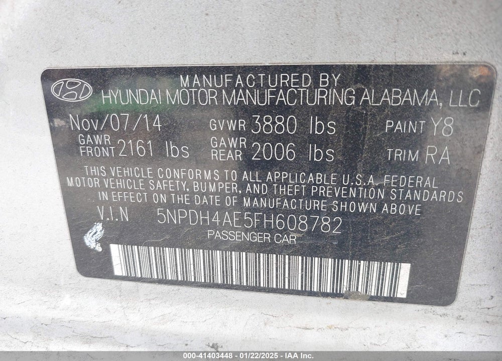 2015 HYUNDAI ELANTRA VIN: 5NPDH4AE5FH608782