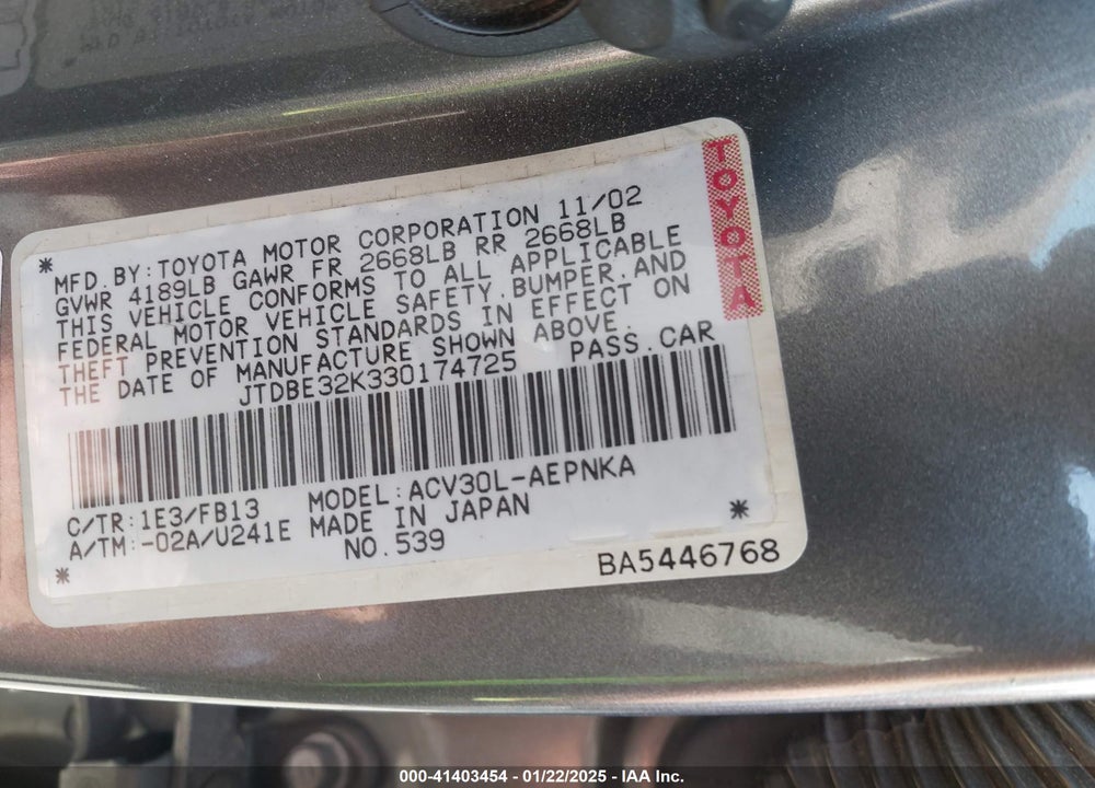2003 TOYOTA CAMRY LE VIN: JTDBE32K330174725