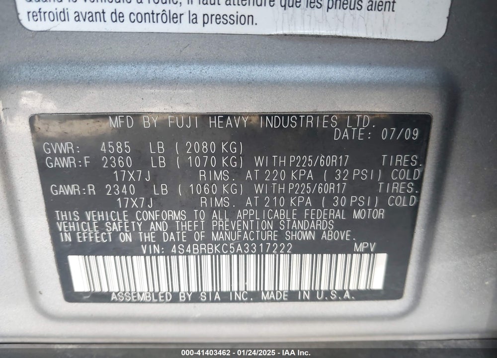 2010 SUBARU OUTBACK 2.5I LIMITED VIN: 4S4BRBKC5A3317222