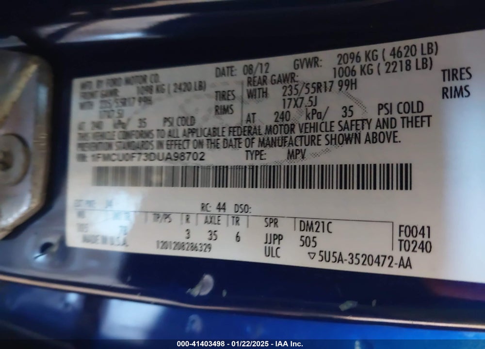 2013 FORD ESCAPE S VIN: 1FMCU0F73DUA98702