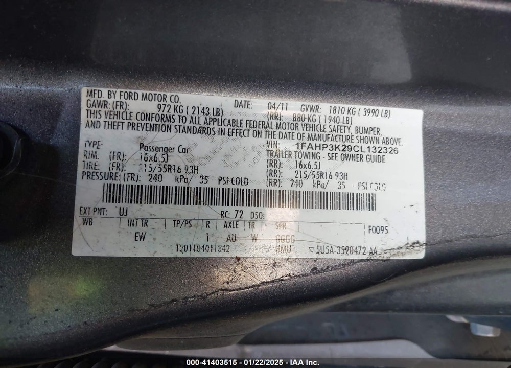 2012 FORD FOCUS VIN: 1FAHP3K29CL132326