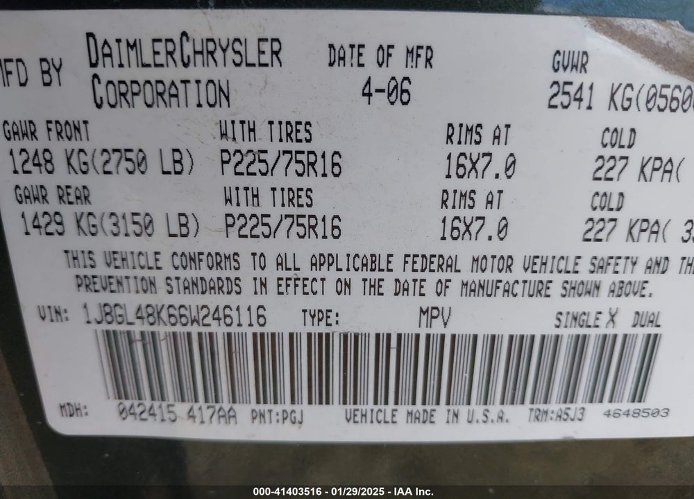 2006 JEEP LIBERTY SPORT VIN: 1J8GL48K66W246116