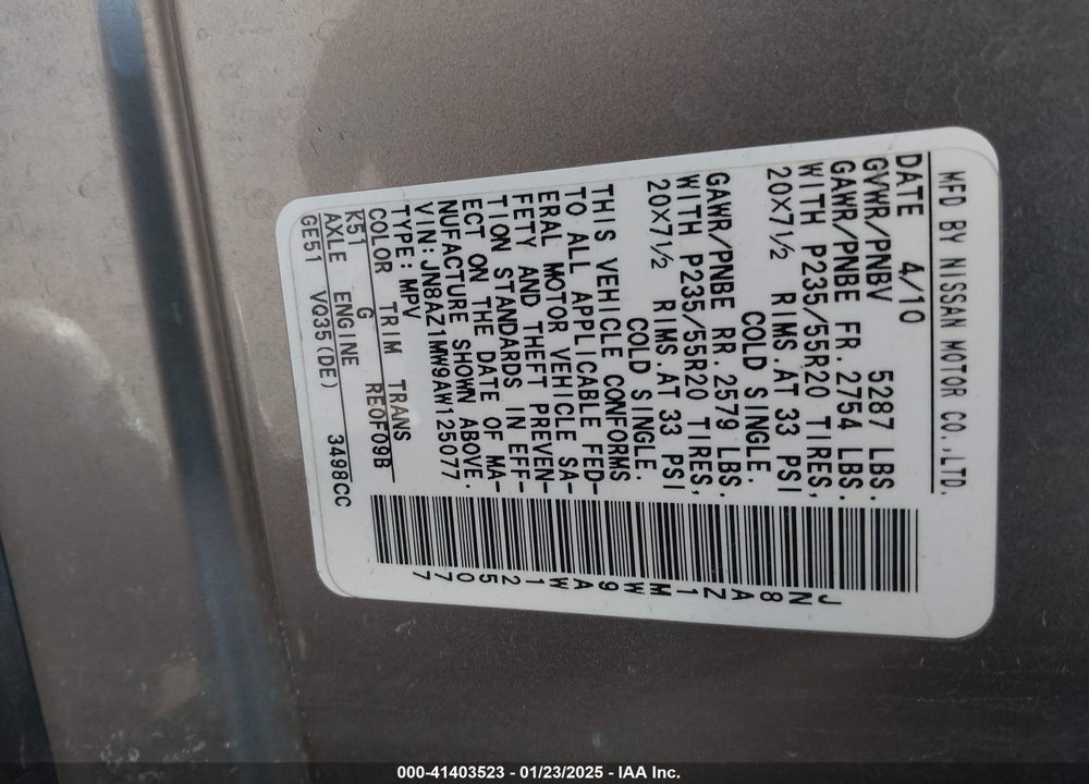 2010 NISSAN MURANO LE VIN: JN8AZ1MW9AW125077
