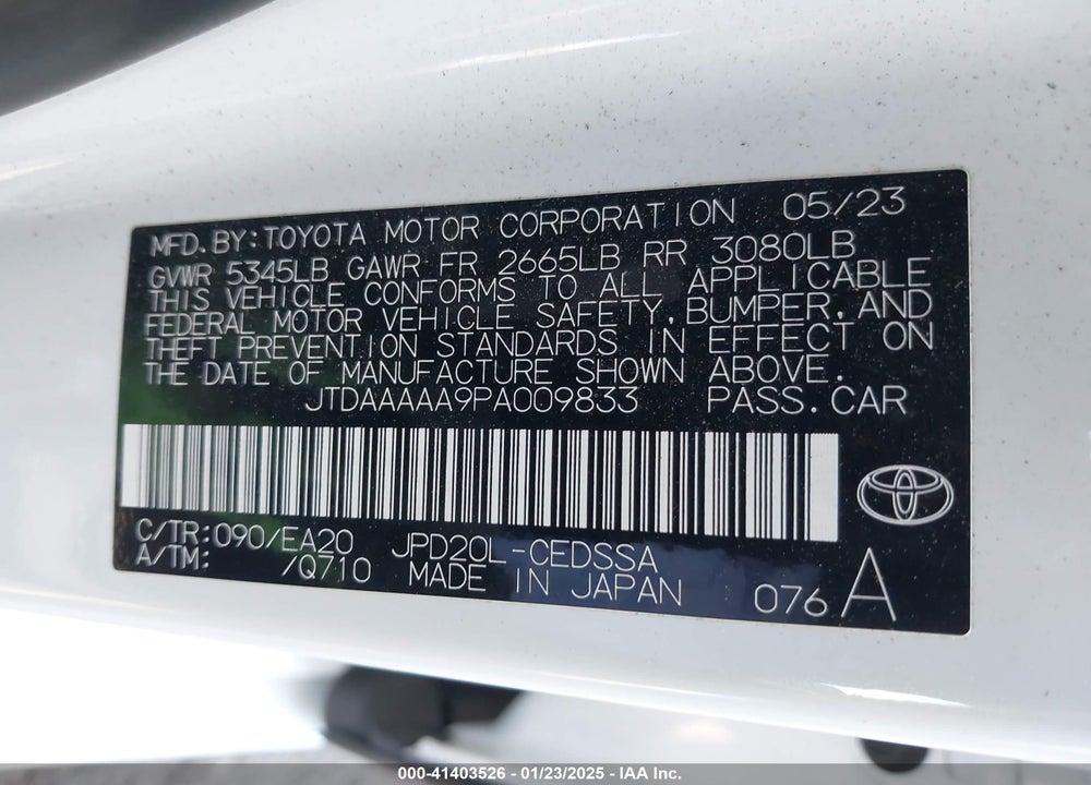 2023 TOYOTA MIRAI VIN: JTDAAAAA9PA009833