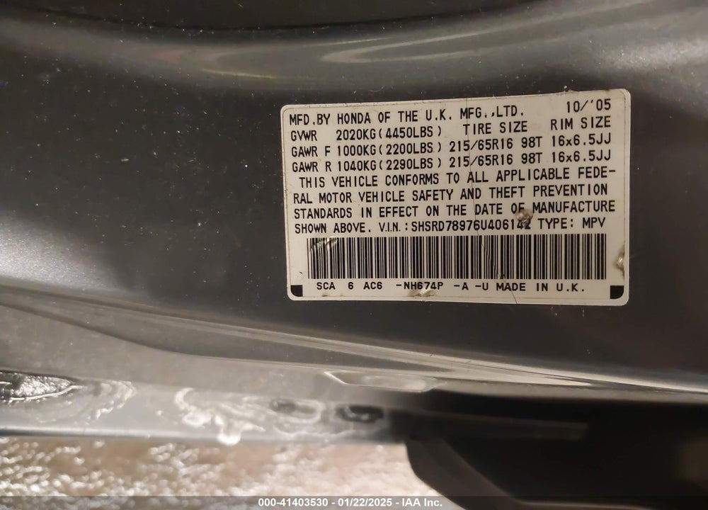 2006 HONDA CR-V SE VIN: SHSRD78976U406142