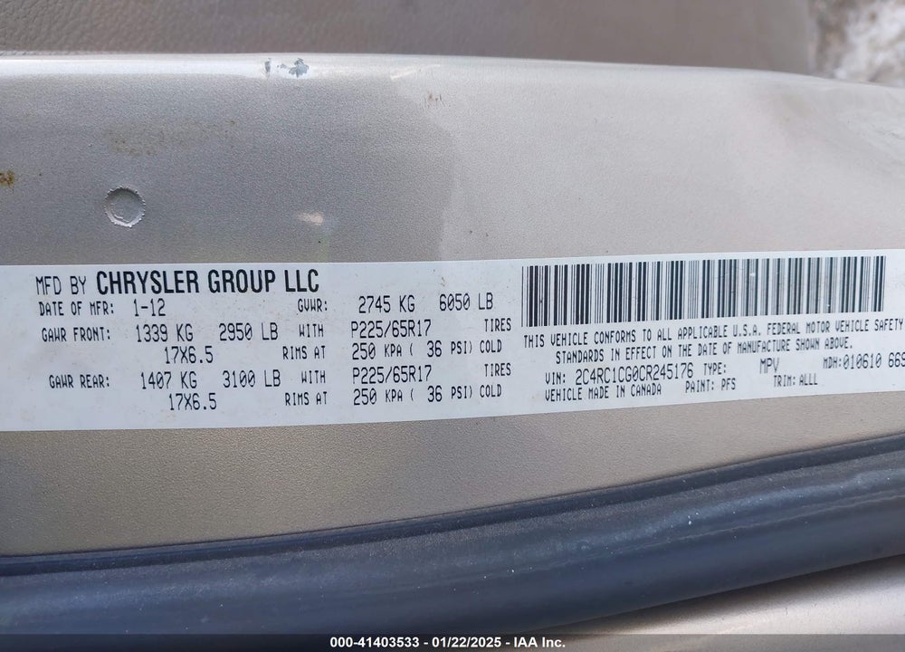 2012 CHRYSLER TOWN & COUNTRY TOURING-L VIN: 2C4RC1CG0CR245176