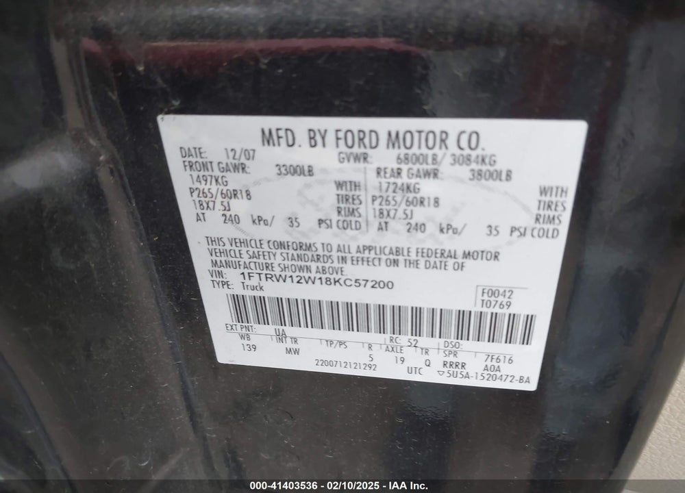 2008 FORD F-150 VIN: 1FTRW12W18KC57200
