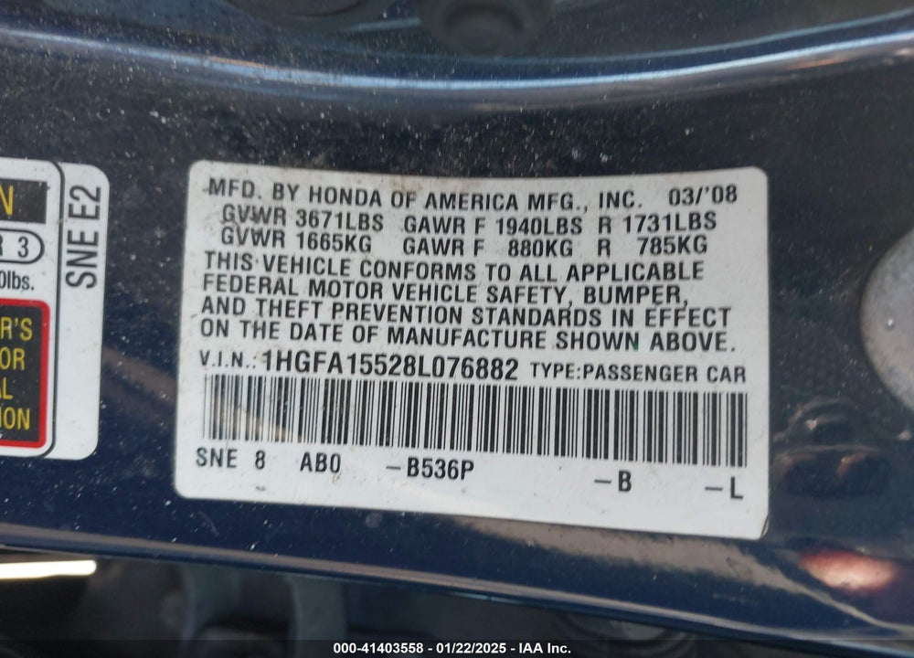 2008 HONDA CIVIC VIN: 1HGFA15528L076882
