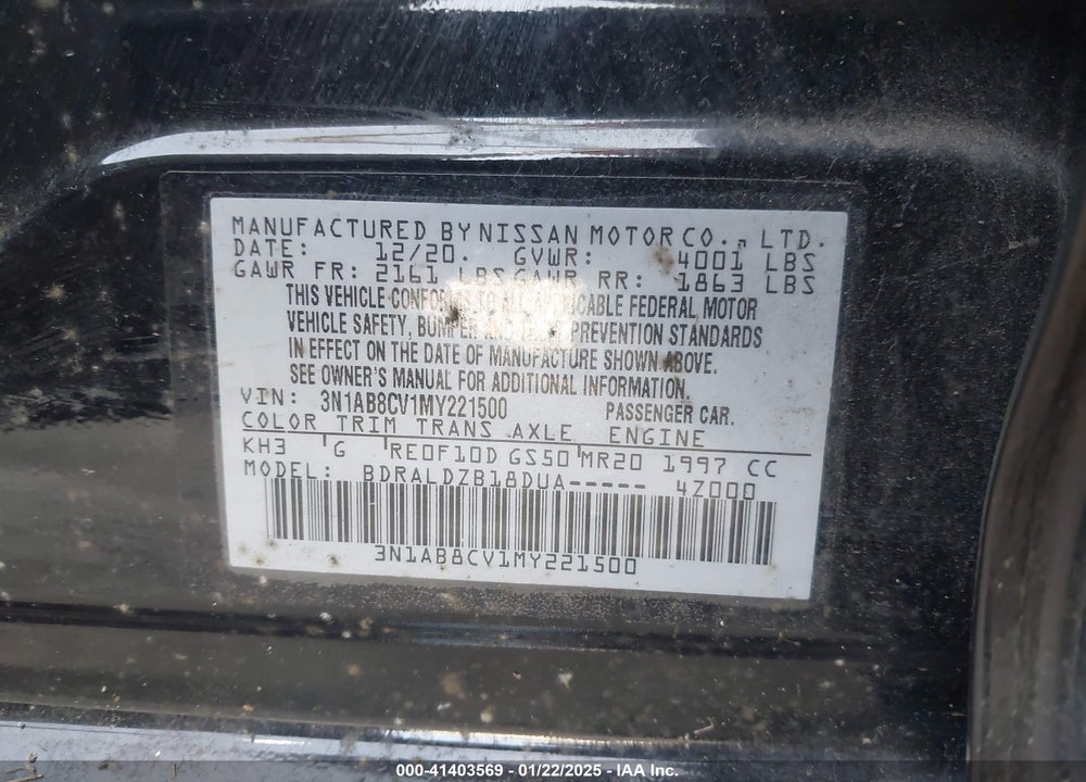 2021 NISSAN SENTRA VIN: 3N1AB8CV1MY221500